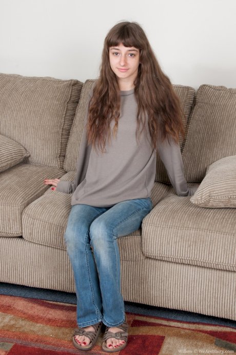 Slender teen Willow takes off her jeans, shows her small tits and furry vagina