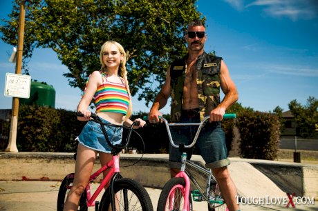Young blonde Lilly Bell and her older boyfriend bicycle before they fuck
