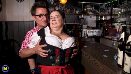 Obese German granny serves up a beer before sucking and fucking a customer