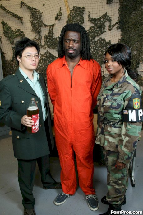 Busty black military teen Baby Cakes blows off and fucks big dick prisoner