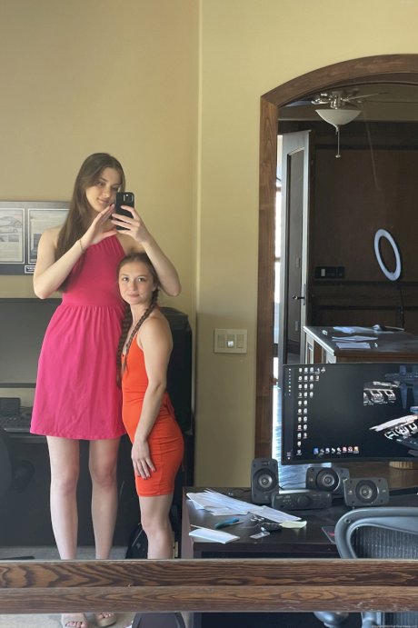 Tall lesbian Olivia does her short GF's hair & lets her toy with a vibrator