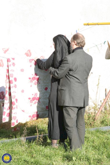 Horny nun in stockings Janine kneels to give a blowjob before outdoor sex