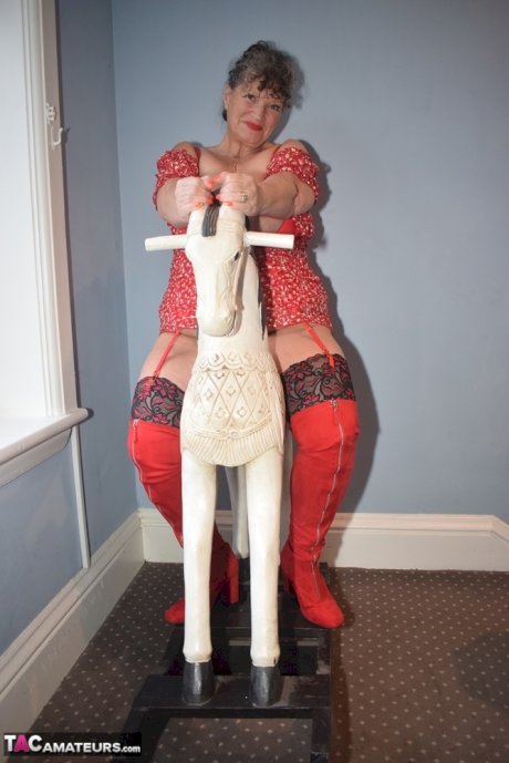 Fat granny shows her huge boobs and big ass in over the knee boots
