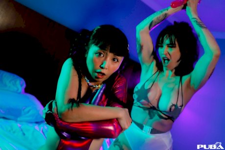 Lesbian babes Marica Hase and Misha Montana have a kinky dildo fight