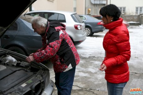 Young brunette with car troubles ends up doing anal with a really old man