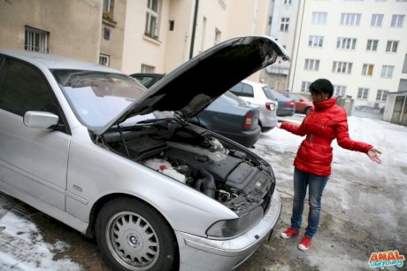 Young brunette with car troubles ends up doing anal with a really old man