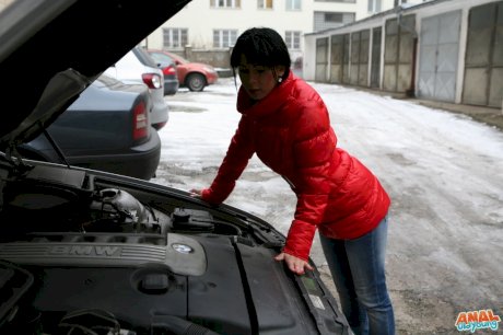 Young brunette with car troubles ends up doing anal with a really old man