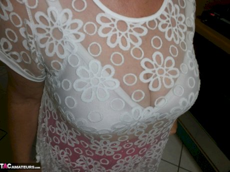 Kinky amateur mature woman Caro reveals and pleases her wolf hairy twat