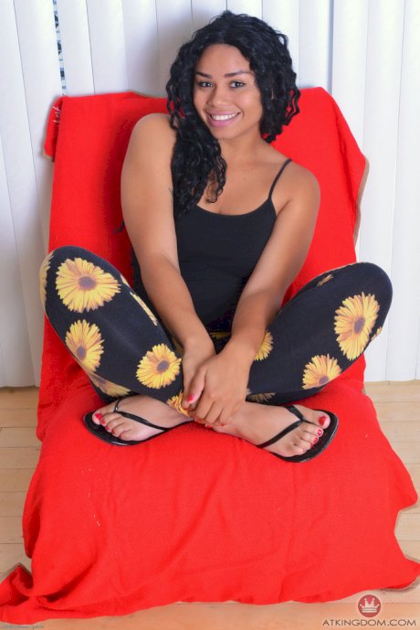 Black first timer Millie Stone smiling while showing her pink pussy