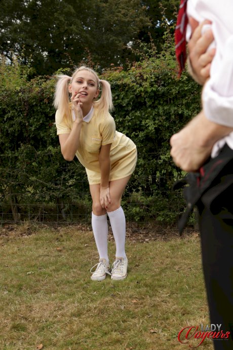 Cute blonde Chloe Toy exposes her panties while a man jerks off