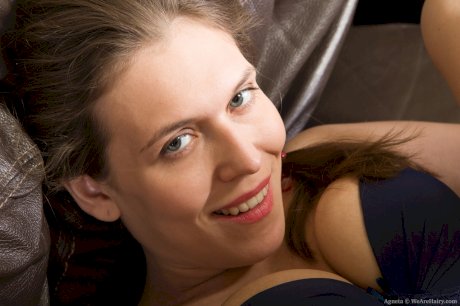 Brunette teen with a bushy twat and natural tits Agneta gets rammed on a couch