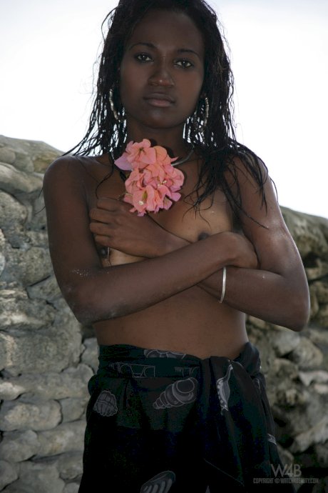 Exotic ebony Jessica exposes her big tits while posing topless on the beach