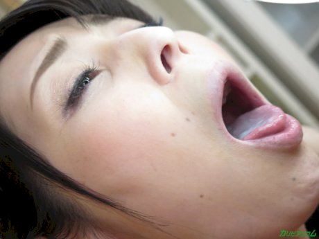Busty Japanese wife Satomi Usui blows her lover's tiny dick and tastes his cum