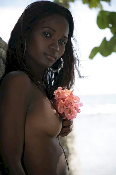 Exotic ebony Jessica exposes her big tits while posing topless on the beach