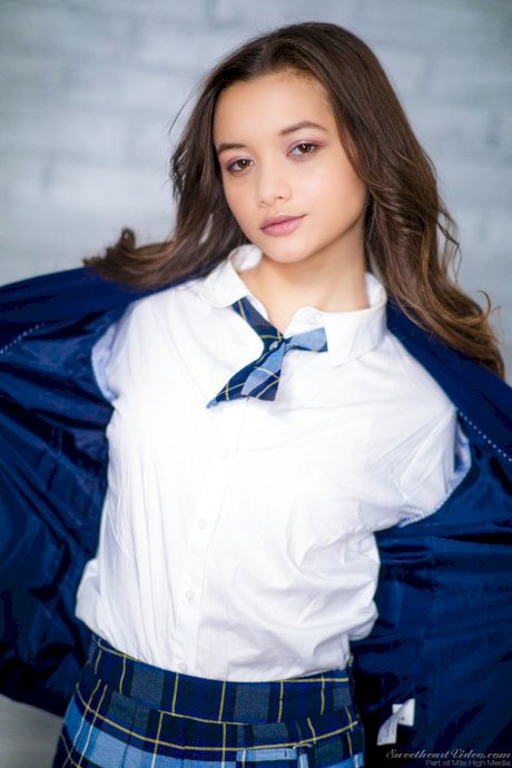 Tiny teen Alex De La Flor removes school uniform to pose nude in tie and socks