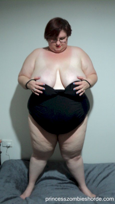 BBW amateur LaLa Delilah in black lingerie showing off her large saggy breasts