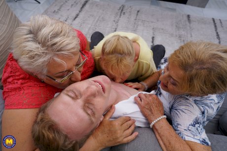 Horny grandmas get fucked and jizzed on by their young toy boy