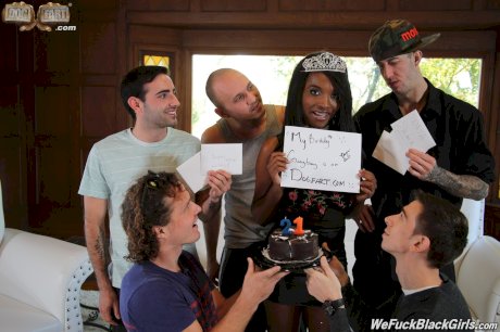 Hot black girl doffs miniskirt before being gangbanged by white men