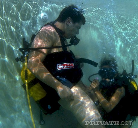 Asian scuba diver gives a BJ underwater before fucking beside pool