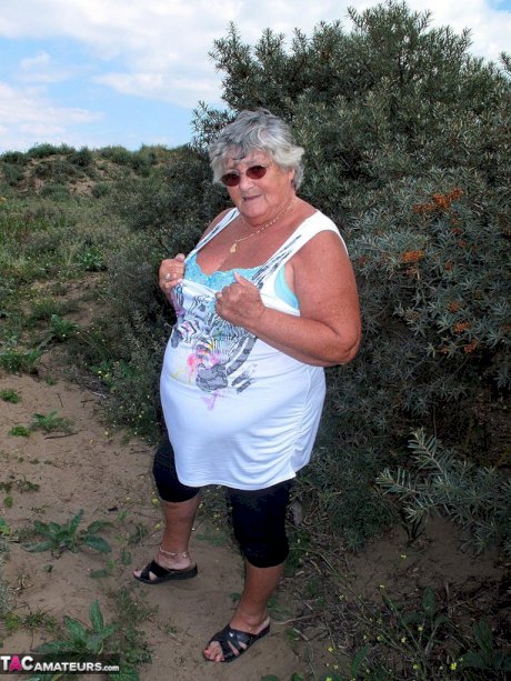 Fat British nan Grandma Libby gets completely naked while out in nature