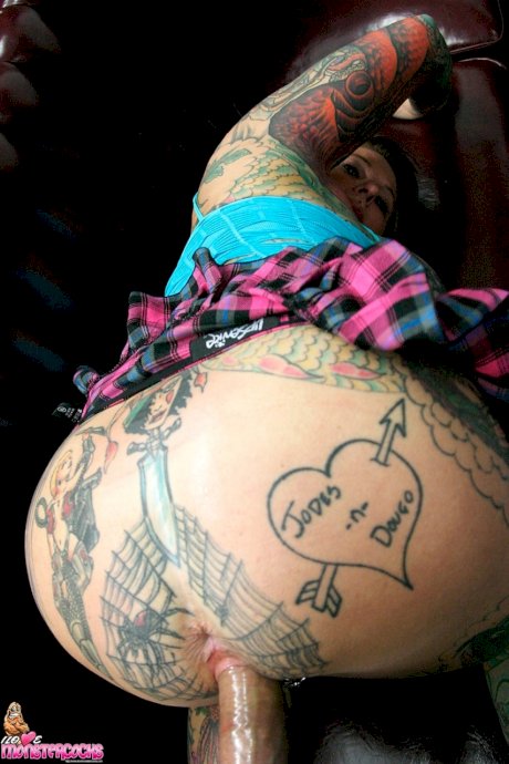 Heavily tattooed fatty Blackwidow XXX rides a monster cock while playing pool