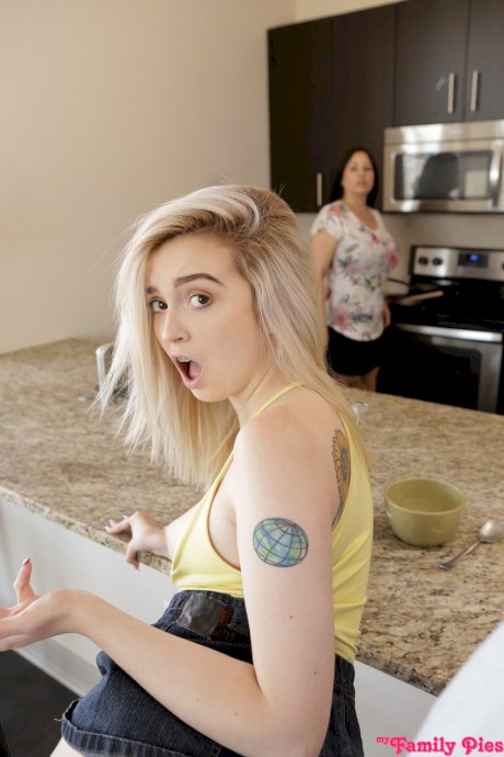 Blonde teen Lexi Lore gets caught banging stepdad in pink panties at breakfast