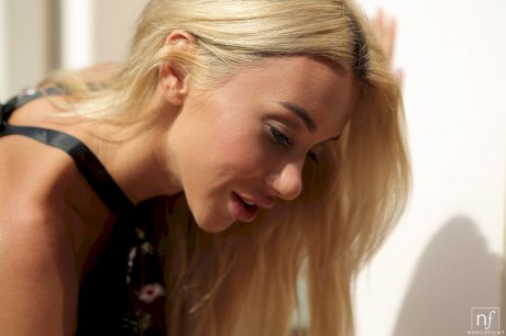 Skinny blonde Katrin Tequila flashes her pussy & gets it filled by a horny guy