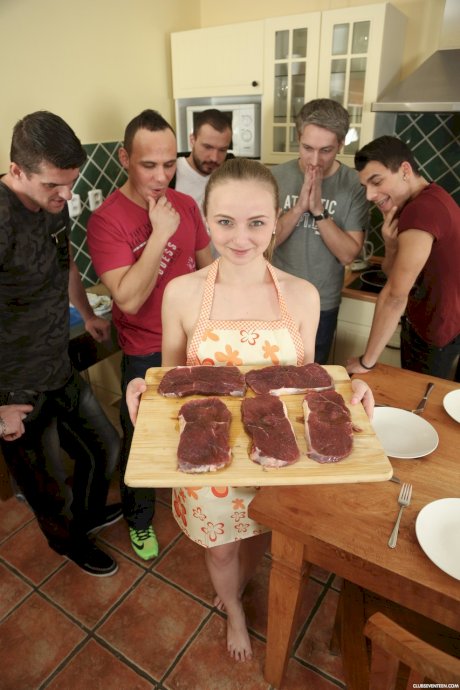 European teen Lady Bug flaunts her big ass and enjoys sucking several dongs
