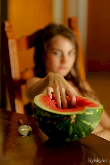 Adorable teen Sofy Bee gets messy while eating watermelon in the nude