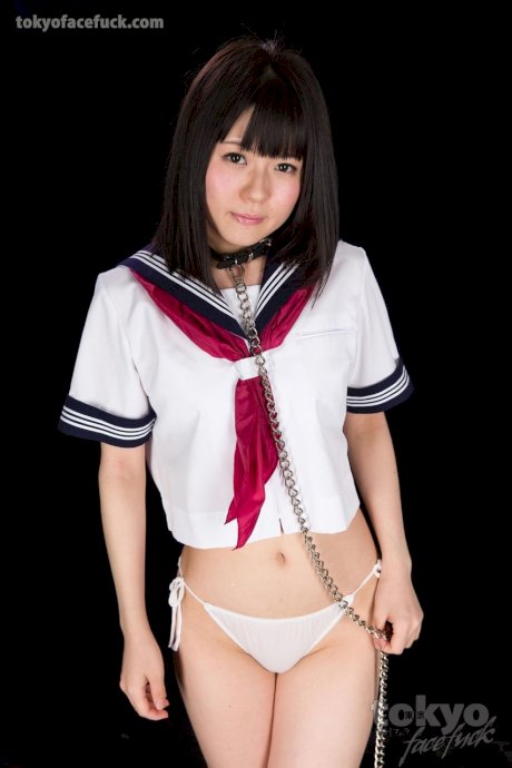 Japanese schoolgirl gets mouth fucked after being led around by a leash