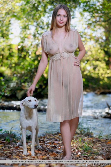 Nice teen Dakota Pink showcases her smooth pussy near a brook in the woods
