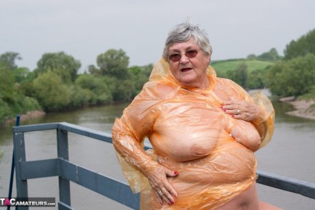Obese British amateur Grandma Libby casts off a see-through raincoat