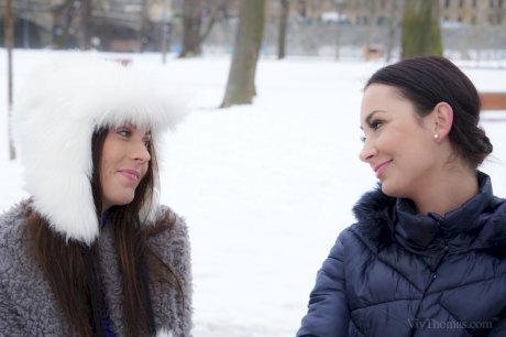 Lesbian girls Freya Dee & Sabrisse take a walk by the canal before sex at home