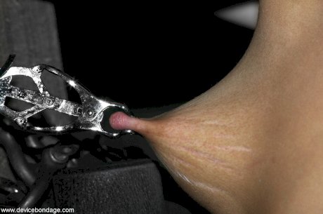Brunette girl with small tits Ariel X gets her nips clamped in metal bondage