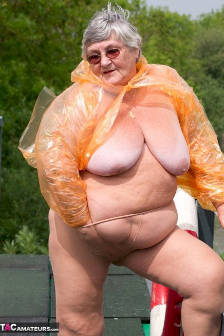 Obese British amateur Grandma Libby casts off a see-through raincoat