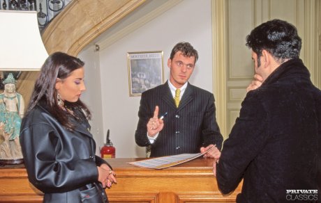 Hot girl gets double fucked by her date and a man working the reception desk