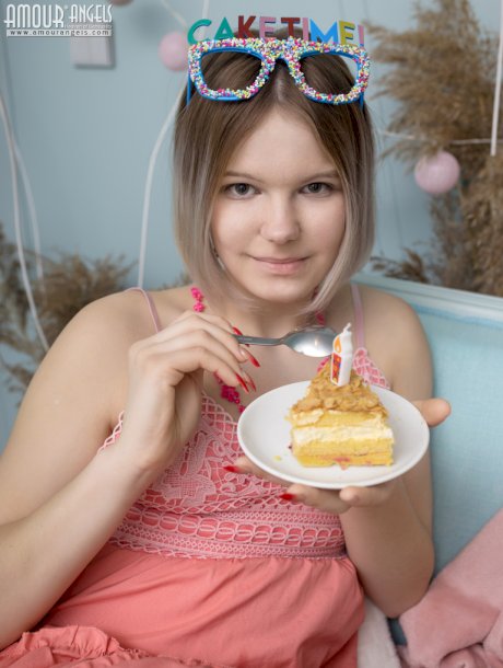 Charming young girl Pat gets totally naked after eating birthday cake