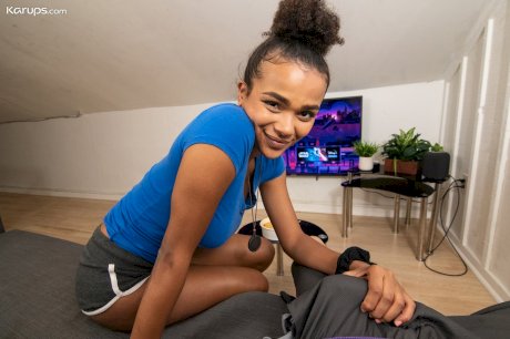 Sexy ebony teen Alina Ali pleasuring her trimmed pussy with white meat