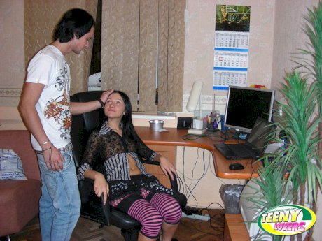 Young brunette and her man friend undress before before office sex