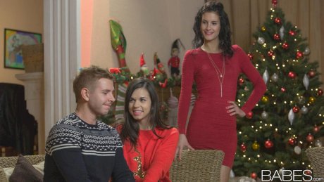 Leanna Sweet and hot girlfriend have threesome sex in socks at Christmas