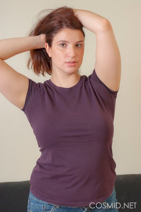 Chubby hot Honey taking off sweater and bra to lounge in black lace panties