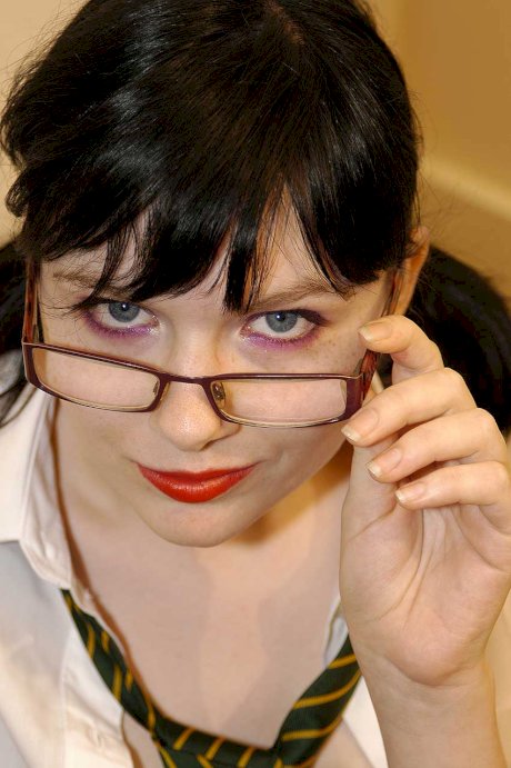 Brunette chick Jessica Lo gets cum on glasses during a bukkake party
