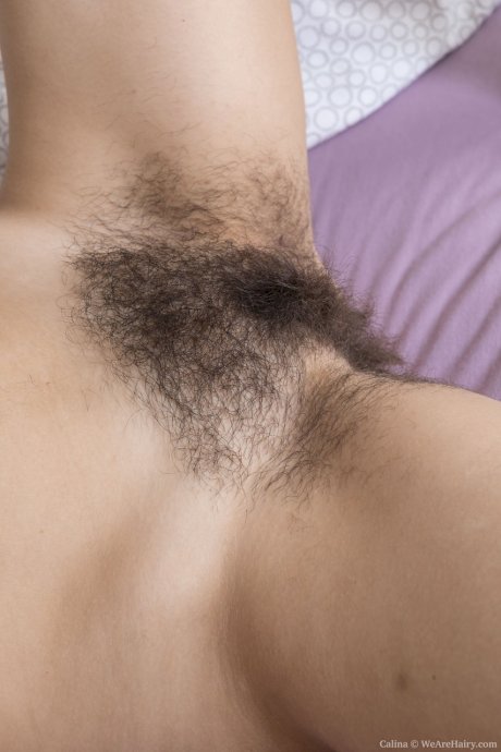 Brunette amateur Calina strips naked & spreads her hairy pussy up close