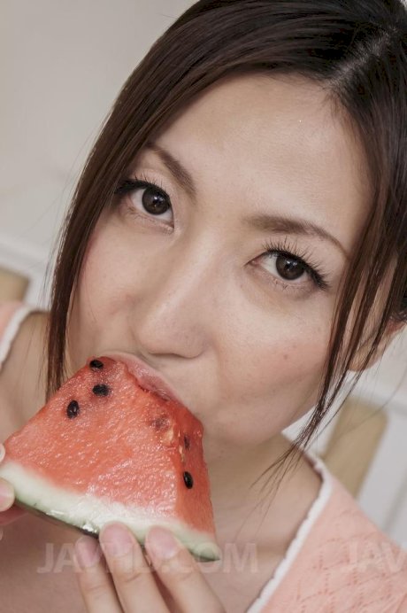 Japanese lady Mirei Yokoyama eats watermelon after upskirt action