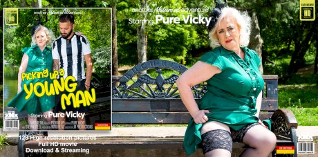 Platinum blonde granny Pure Vicky has sex with a younger man in stockings