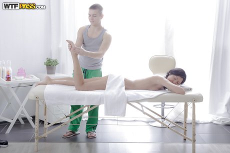 Oriental spinner Miranda licking cock with pierced tongue after massage