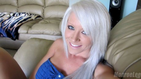 White haired slut Monroe Lee takes a selfie of her big tits and naked twat