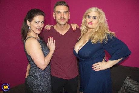 Spanish housewives share a lesbians kiss in front of a younger boy