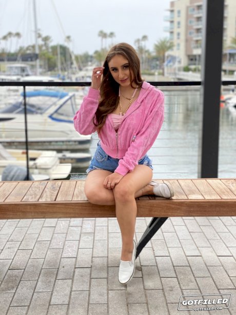 Penelope Kay models a bikini at a marina before POV sex indoors