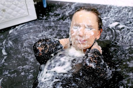 Dirty blonde getting body bathed in cum in messy gloryhole suck and fuck